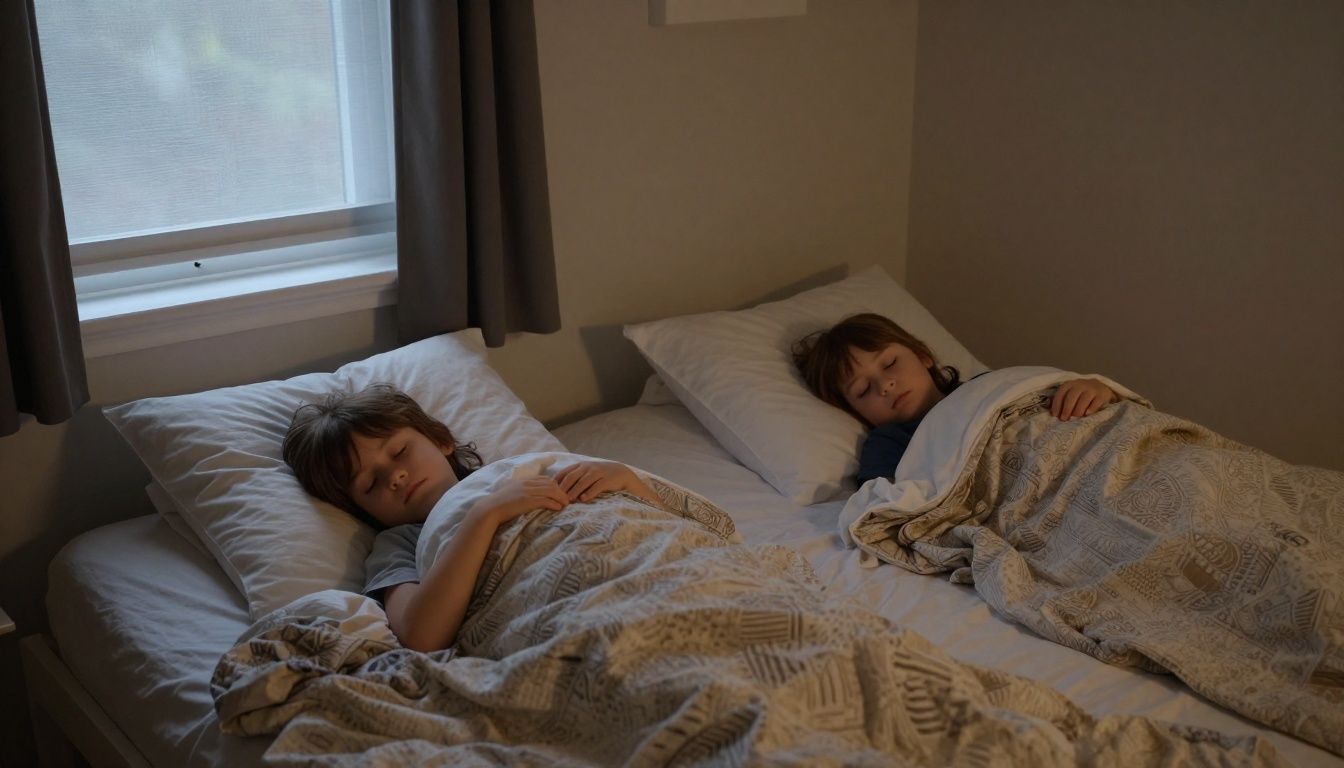 Two children sleeping peacefully in a calm, dimly lit bedroom.