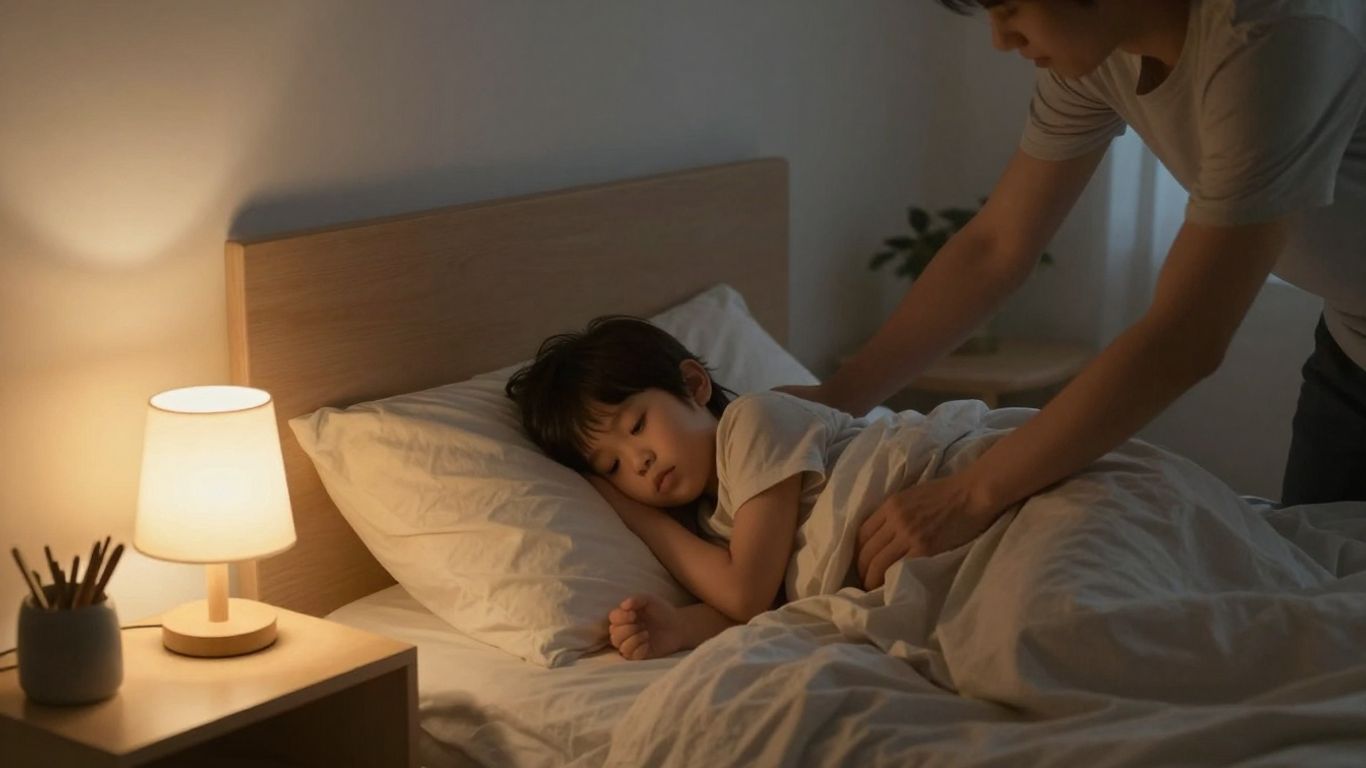 Parent tucking child into bed for bedtime routine.