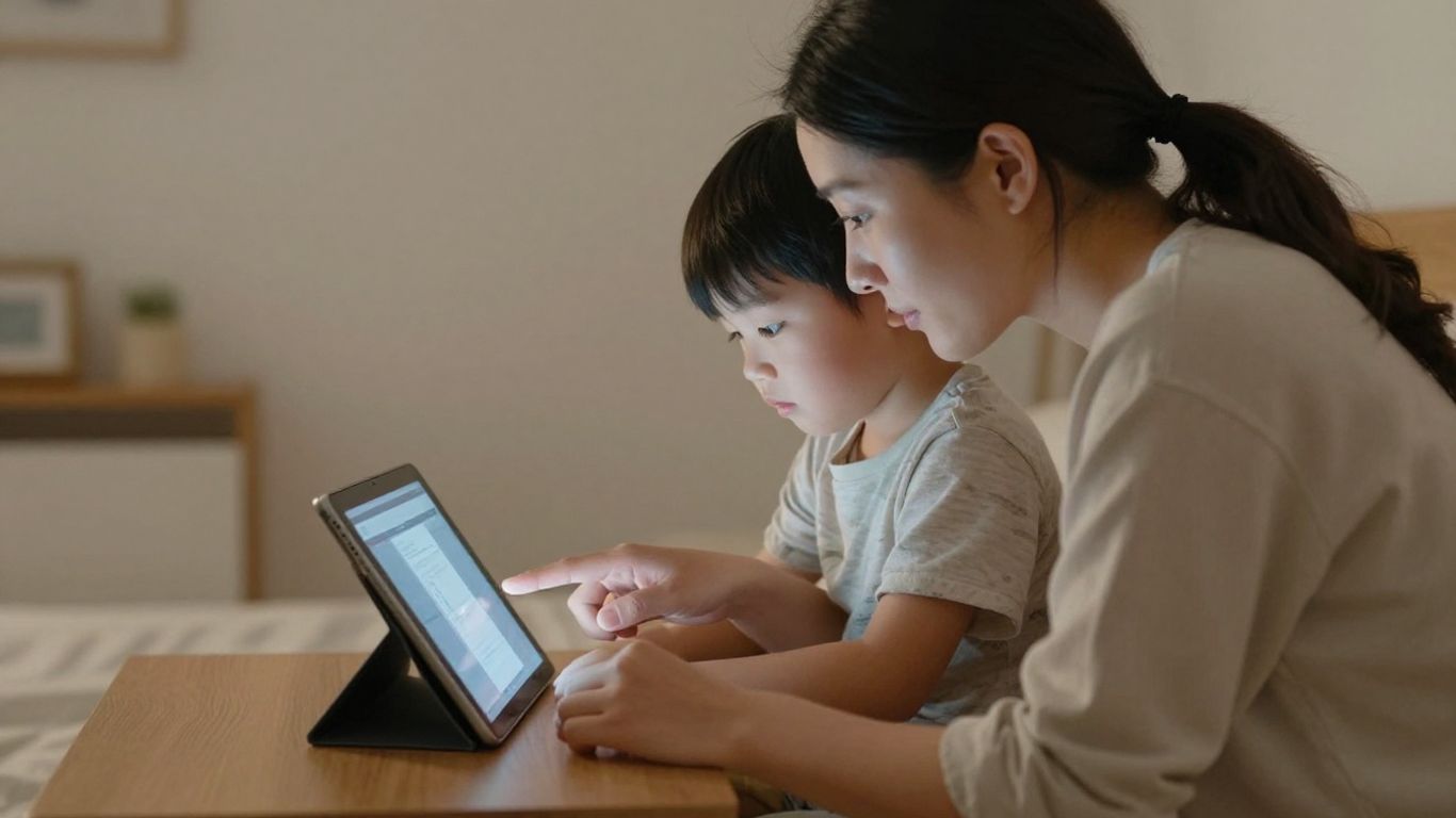 Parent comforting child near a glowing tablet screen.